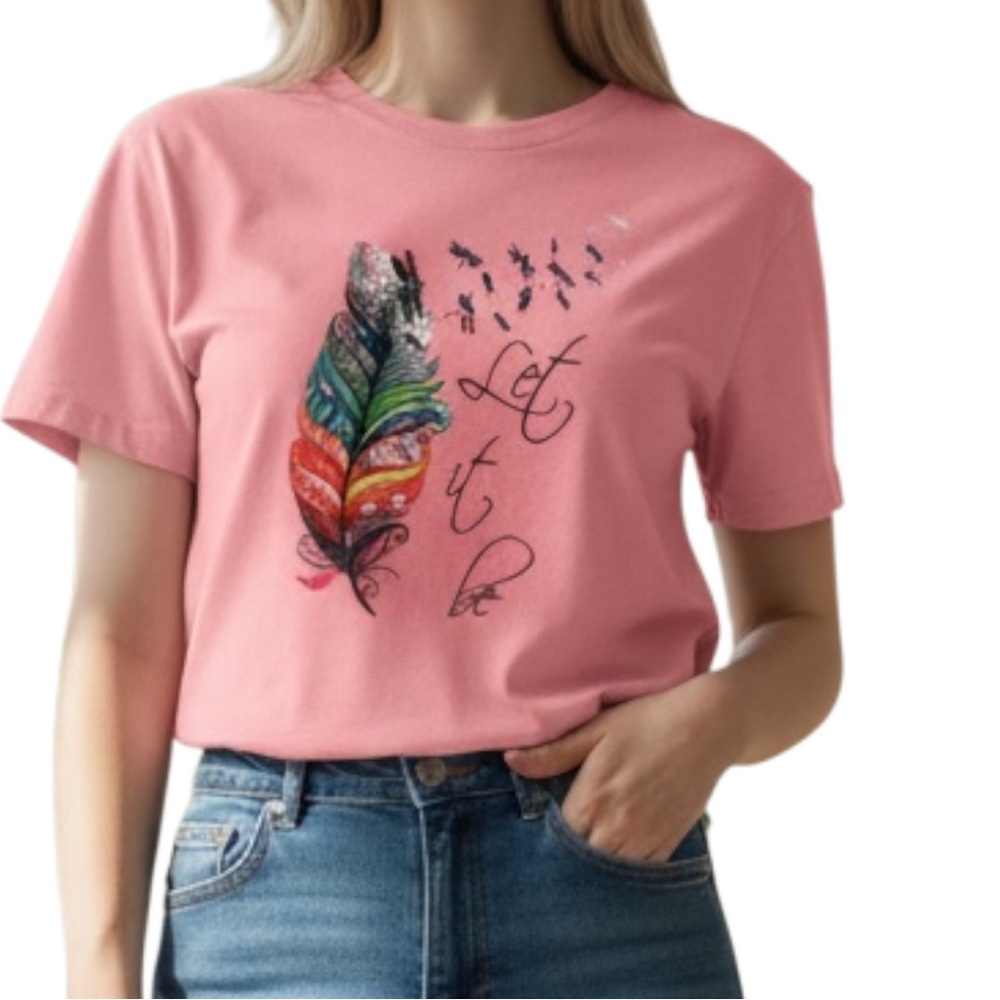 GOMORN soft Pink Tee with Feather and Let it be text ready to inspire